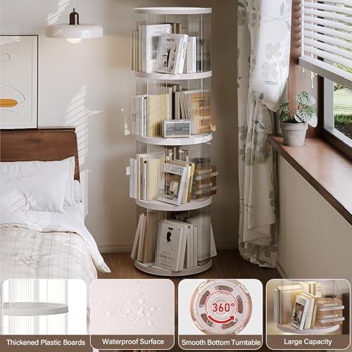 4 Tier Rotating Bookshelf, Small Corner Bookshelf for Small Space, Round White - Picture 3 of 6
