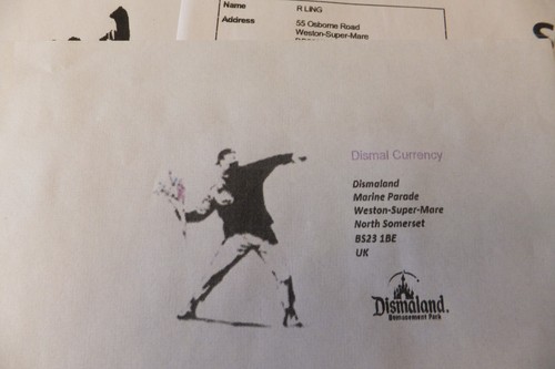 Banksy signed tenner & dismaland stamp + Original postcard 2015 from WSM Lils03 - Picture 11 of 24