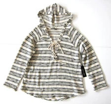 NWT Doe & Rae Ivory Black Stripe Cotton Knit Lace Up Hooded Sweater Small