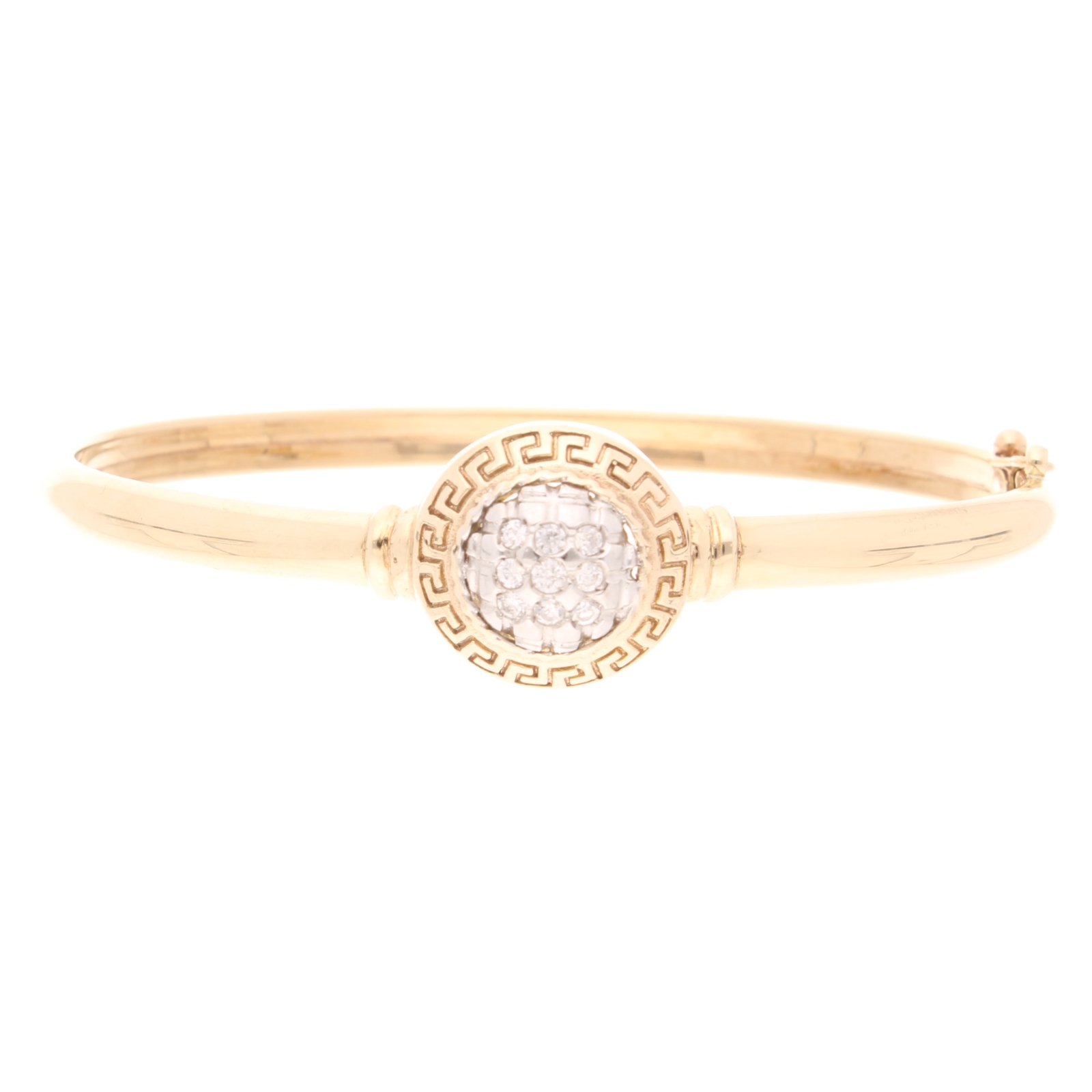9Carat Yellow Gold 7"" Simulated Diamond Greek Key Hinge Bangle (15.5mm Widest)