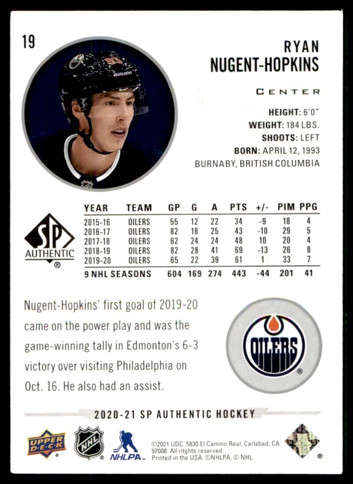 2020-21 SP Authentic Ryan Nugent-Hopkins Edmonton Oilers #19 - Image 2 of 2