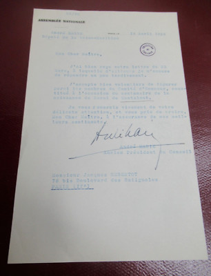 ANDRE MARIE Autograph Signed 1956 MINISTER DEPUTY PDT COUNCIL to HEBERTOT