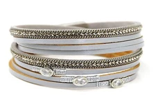 Fashionable Three Solitaire Diamanté Multi Strand Leather Bracelet Boho Beach UK