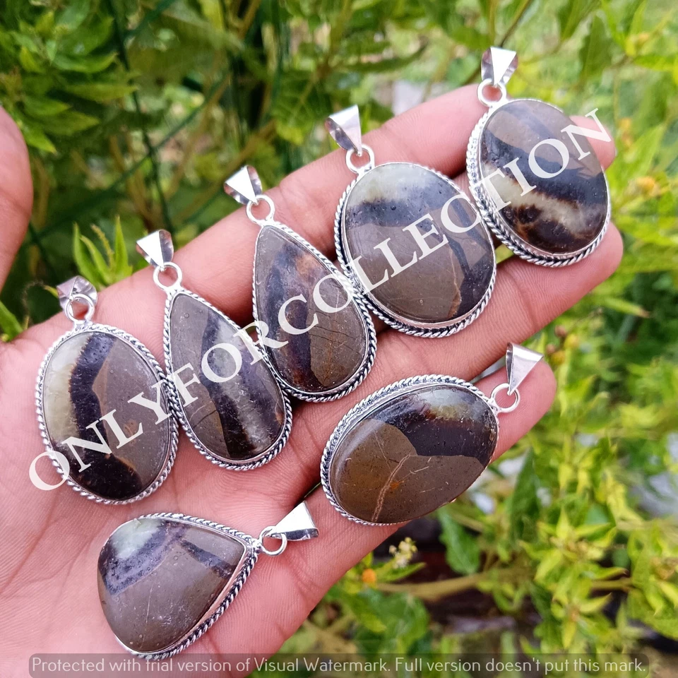 Lote de colgantes de lujo hechos a mano con piedras preciosas septarias amarillas chapadas en plata de ley 925 Foto 2 de 3