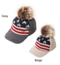 New Winter USA American Flag PRINT Faux Fur POM Beanie Hat Skull Ski CAP Beige