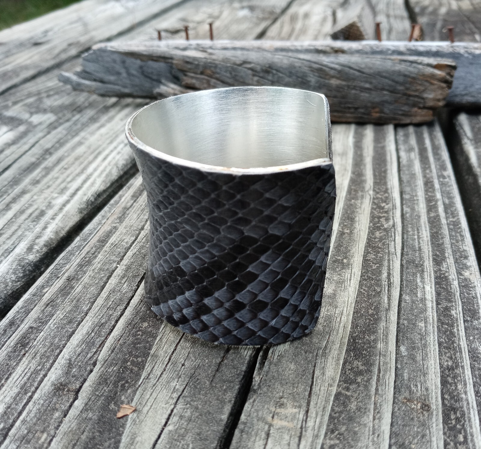 Rustic Cuff Bracelet Concave Python Black Gray Si… - image 2