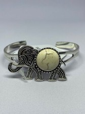 Silver Tone Elephant Howlite Stone Cuff Bracelet