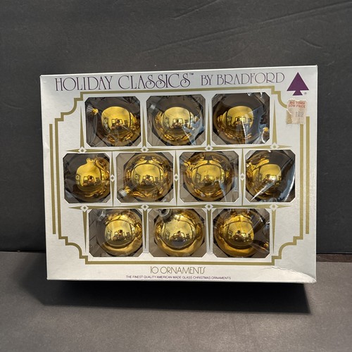 Vintage Box 10 Bradford 2.25 Inch Gold Glass Christmas Tree Ornaments MCM Retro - Picture 2 of 13