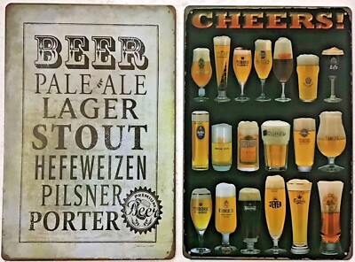 8x12 TIN SIGN 2 pc SET Cheers beer lager stout pale ale glasses bar man cave new