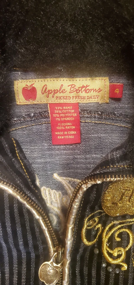 Chaqueta Bomber Niñas Parte Inferior de Manzana Y2K Negra Dorada Rayas Cuello de Piel Sintética Logo Talla 4 Foto 3 de 4