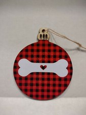 Dog Bone With Heart Red And Black Buffalo Plaid Flat Wooden Christmas Ornament