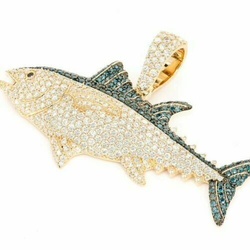 2.2Ct Emerald/Diamond Bluefin Tuna Fish Pendant14K Yellow Gold Plated ...