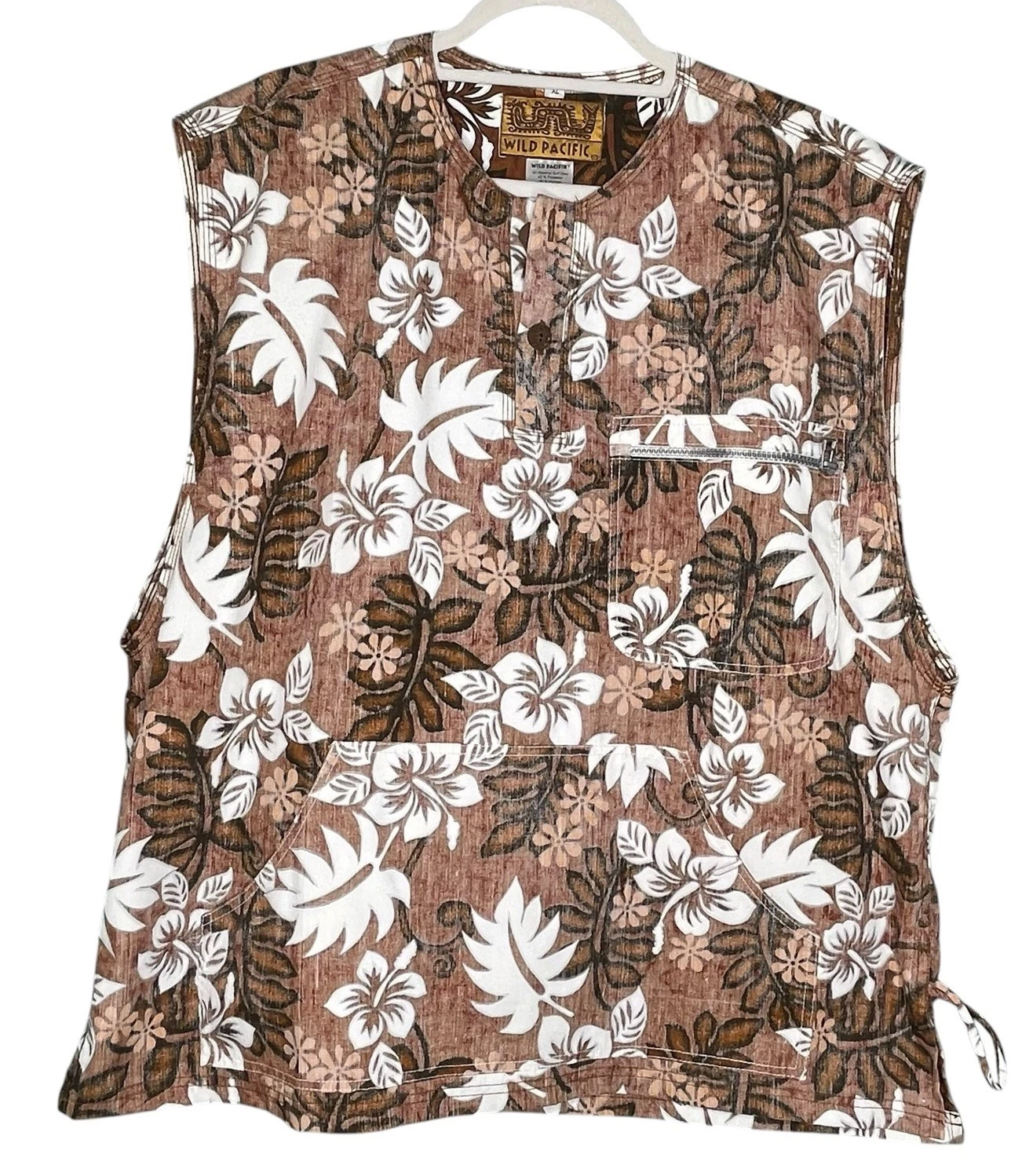 Wild Pacifik Vtg Utility Vest Surf Wear Hawaiian Shirt Kangaroo Pocket Fish XL