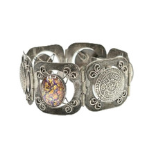 Mexican Sterling Silver Aztec Mayan Calendar Dichroic Glass Panel Link Bracelet