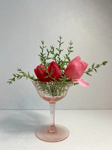 Vintage Pink Depression Glass Etched Coupe Stemware Vase Display Floral