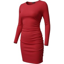 BTFBM Bodycon Dress Womens Small Red Ruched Long Sleeve Asymmetrical Mini Slub