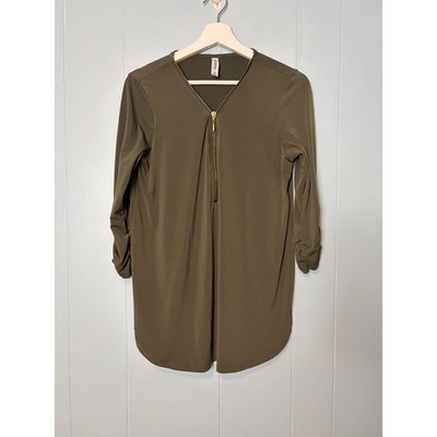 Zenana Outfitters Olive Green Half Zip Roll Tab Sleeve Tunic Blouse IT-2369AB M