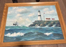 1963 Framed Seascape Lighthouse Nautical Original Oil Painting Coastal Thompson