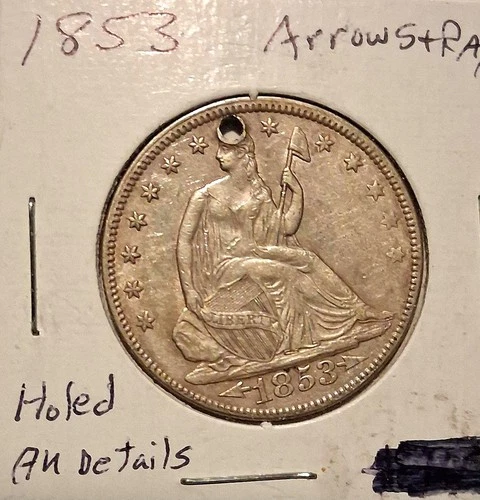 🔥1853 US Seated Liberty Silver Half Dollar, Arrows & Rays ( AU Details- HOLED)