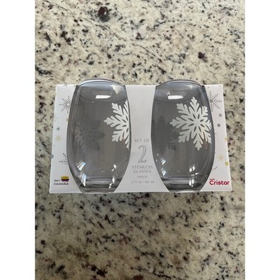 Cristal Set of 2 Clear Stemless Glasses Snowflake Design 15.75 oz