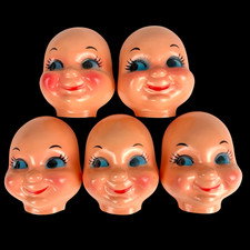 VTG 5 Baby Doll Faces Celluloid 3” Plastic Blue Side Eyes Kitschy NOS Hong Kong