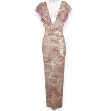 Nasty Gal Toile Print Ruffle Deep V Maxi Dress Cottagecore Boho Evening Sz 8