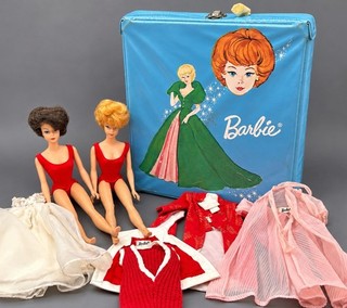 ‘Vtg 1963 Blue Barbie Case Mattel 1964 Bubble Cuts Blonde Brunette Original Suit