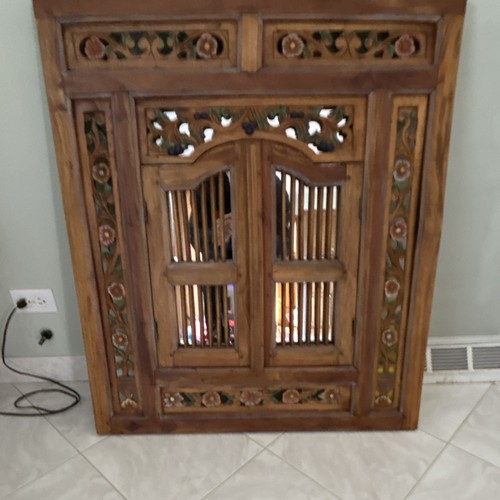 Antique Wooden Framed Wall Mirror with Floral Carvings and Shutters