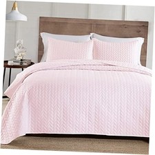 3-Piece Queen Quilt Set, Lightweight Soft Warm Queen 90x90 Pink/ Leaf 001