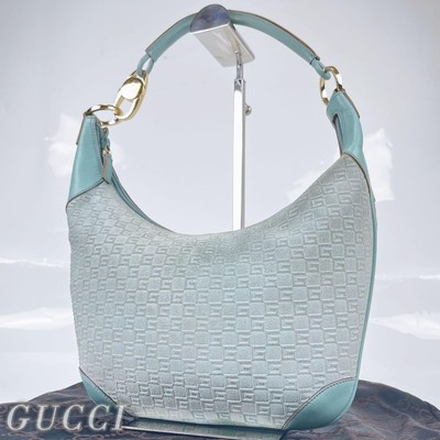 GUCCI GG Suede Hobo Shoulder Bag Mint Blue Gold Hardware Accessory