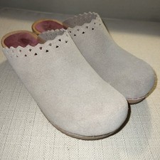 SANITA Size 37EU / 6.5 USA Tan Suede Clogs Wooden Sole Open Back Shoes Laser Cut