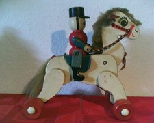 🎄 Altes  Nachziehspielzeug - Pferd auf Rollen mit Reiter - Weihnachten - antik