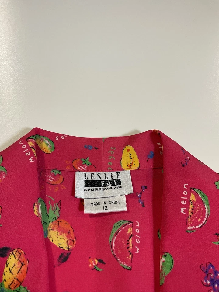 Blusa corta vintage Leslie Fay fruta talla M novedad corbata frontal tropical años 90 Foto 3 de 4