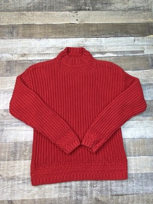 LL Bean Sweater Womens S Red Chunky Knit Cotton Mock Neck Fisherman Pullover
