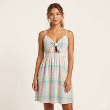 Pastel Madras Plaid Tie Front Sundress Linen Blend Cottagecore Dress Sz M 
