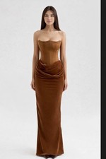 House of CB Lulu Brown Velvet Corset Draped Maxi Dress Size S Regular Cup