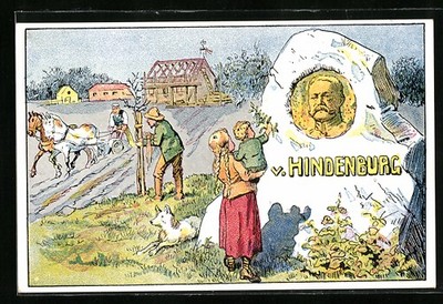 Artist postcard mother and child commemorate Paul von Hindenburg at his memorial stone 