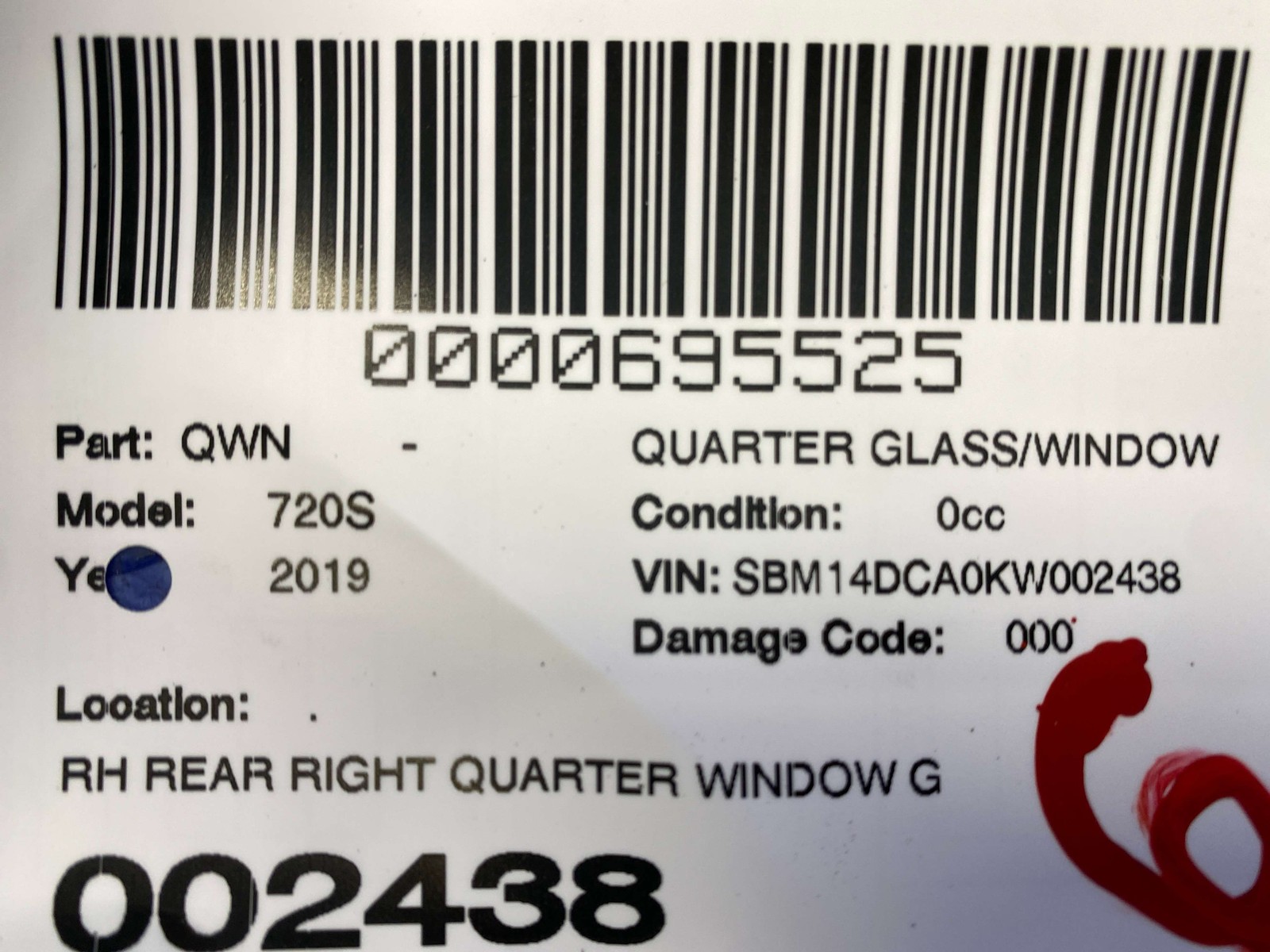 2018 2019 2020 2021 2022 2023 MCLAREN 720S REAR RIGHT QUARTER WINDOW GLASS OEM