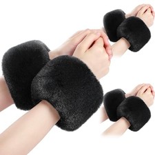 3 Pairs Faux Fur Short Wrist Cuff Winter Fuzzy Wrist Cuff Warmers for Black