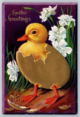 Easter Greetings, Duckling, Egg, Flowers, Green Stamp, Posted, Postcard