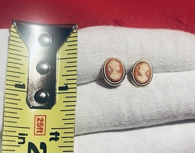 Vintage Cameo Portrait Oval Stud Earrings, Yellow Gold