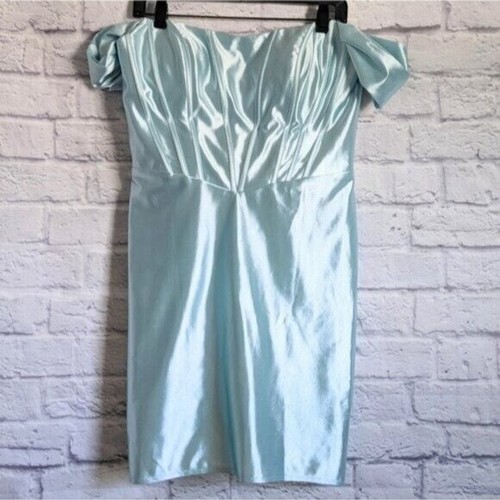 Sophia Thomas Satin Corset Mini Dress 12 Light Blue Off Shoulder 9015 Prom