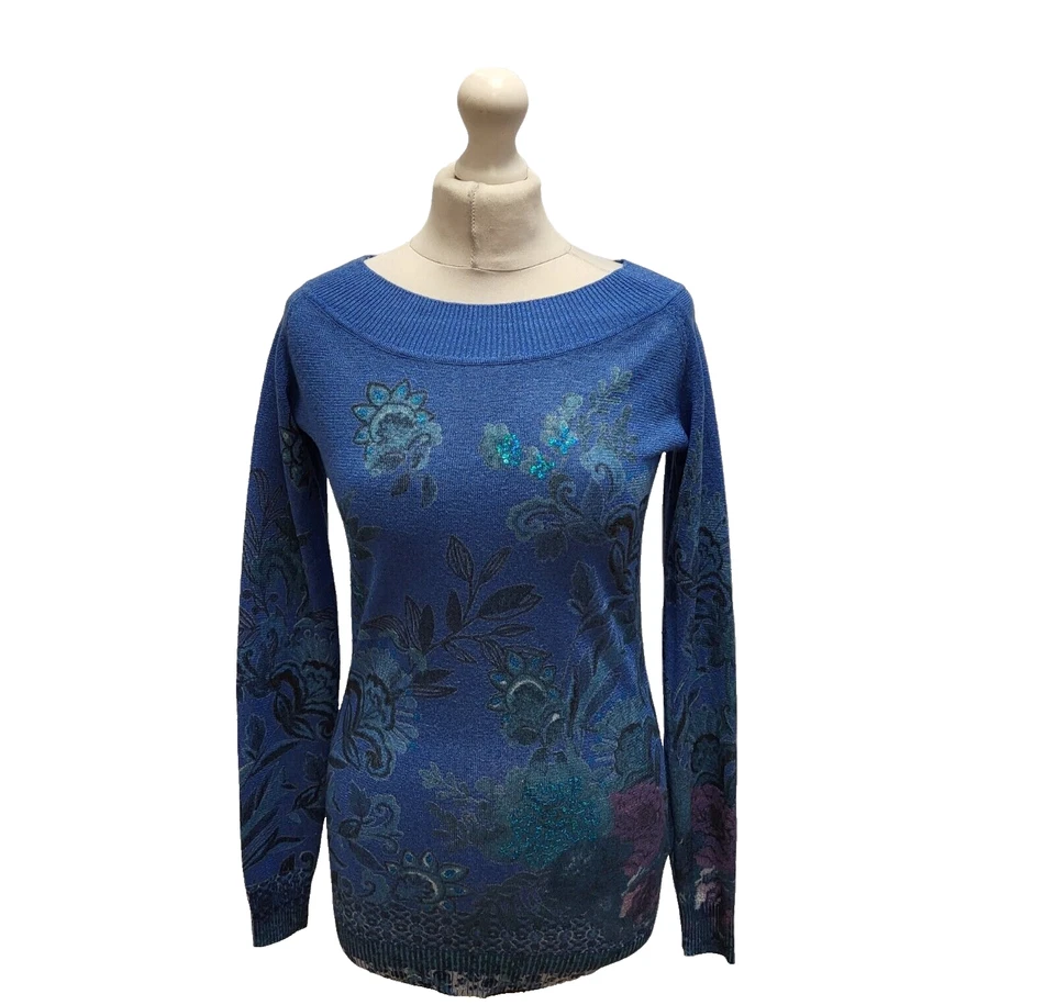 Desigual Blue Floral Long Sleeve Boat Neck Knitted Top Womens UK M CC755 - Image 2 of 4