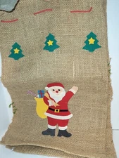 2 Vtg Holiday Santa & Tree Sack Burlap Bag Drawstring Large