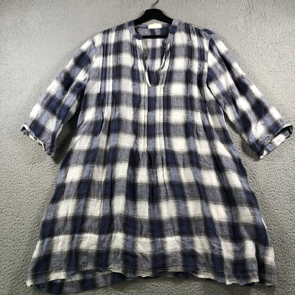 Vestido CP Shades para mujer pequeño azul 100 % lino túnica a cuadros manga enrollable cabaña Foto 3 de 4