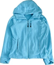 Bench Womens Hooded Blue Jacket Sz L Thumb Holes Adjust Waist Fleece Logo Arm