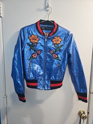 Size Small Blue AFTF Basic Bomber Jacket With Embroidered Flowers