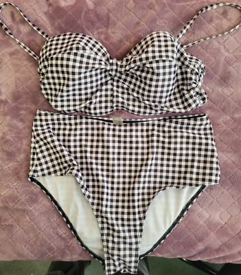Women's Black And White Plaid Two Piece Bathing Suit Size Medium