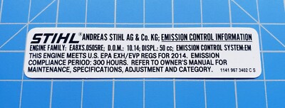 Stihl MS 261 Chainsaw Emissions Label Stihl Label # 1141 967 3402