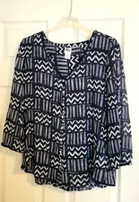 John Robshaw for Lucky Brand Shirt Blouse Womens Sz L Blue Geometric Print 